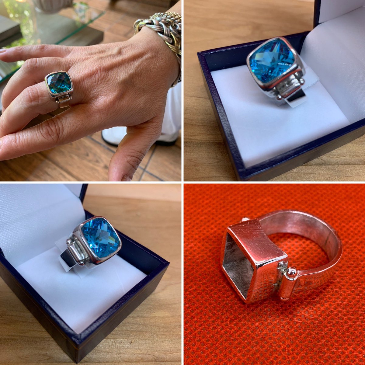 Anillo elaborado a mano 🤚🏽 en Plata más piedra aguamarina cuadrada … aún disponible ☺️✅💍…. Horas de trabajo y dedicación 😅 Si gustas RT 🌿 #aguamarina #hechoamano #mitaller