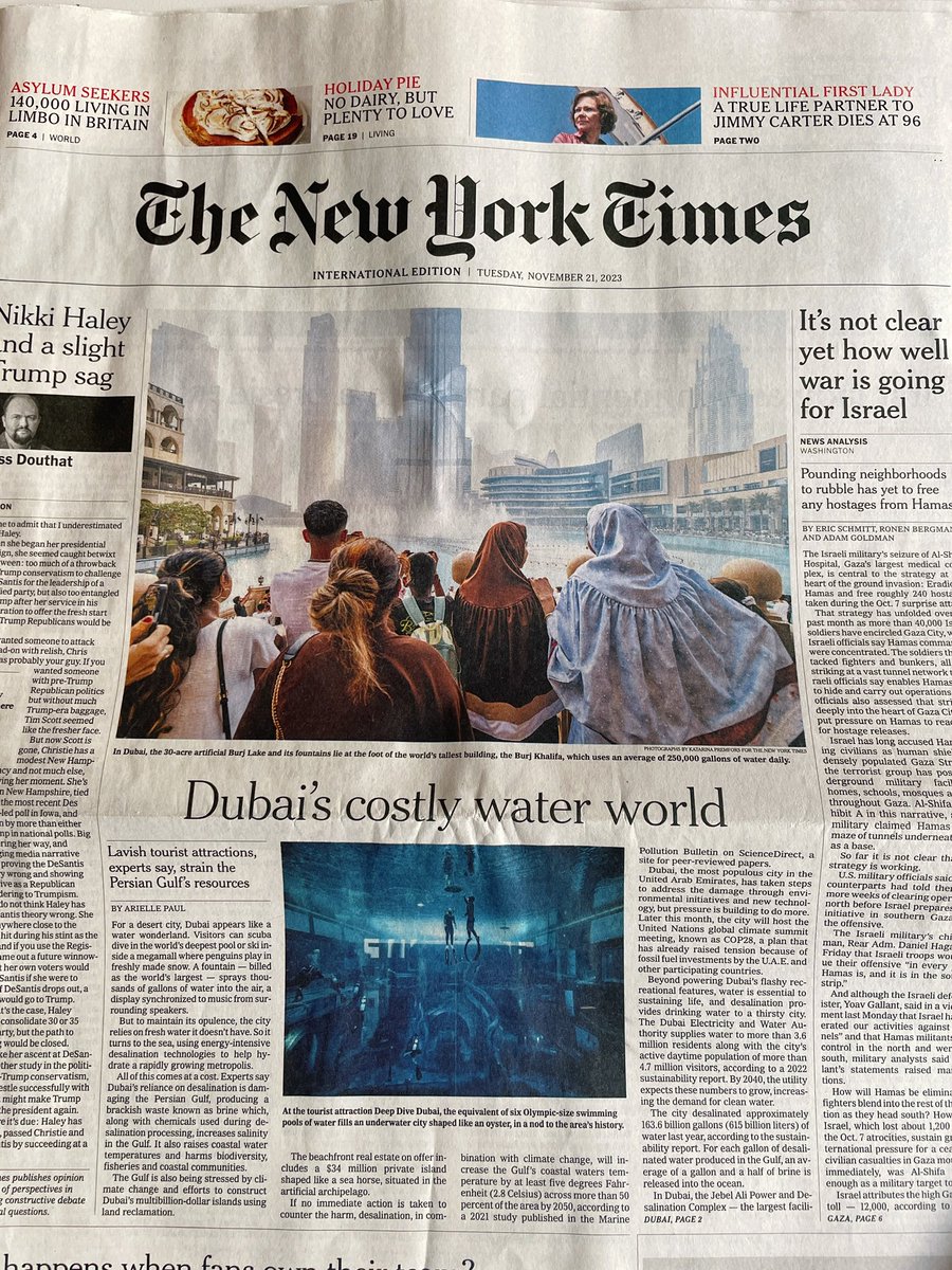 My <a href="/nytimes/">The New York Times</a> #Dubai #desalination story was on the cover of Monday’s International paper! #COP28 #Sustainability #climatechange