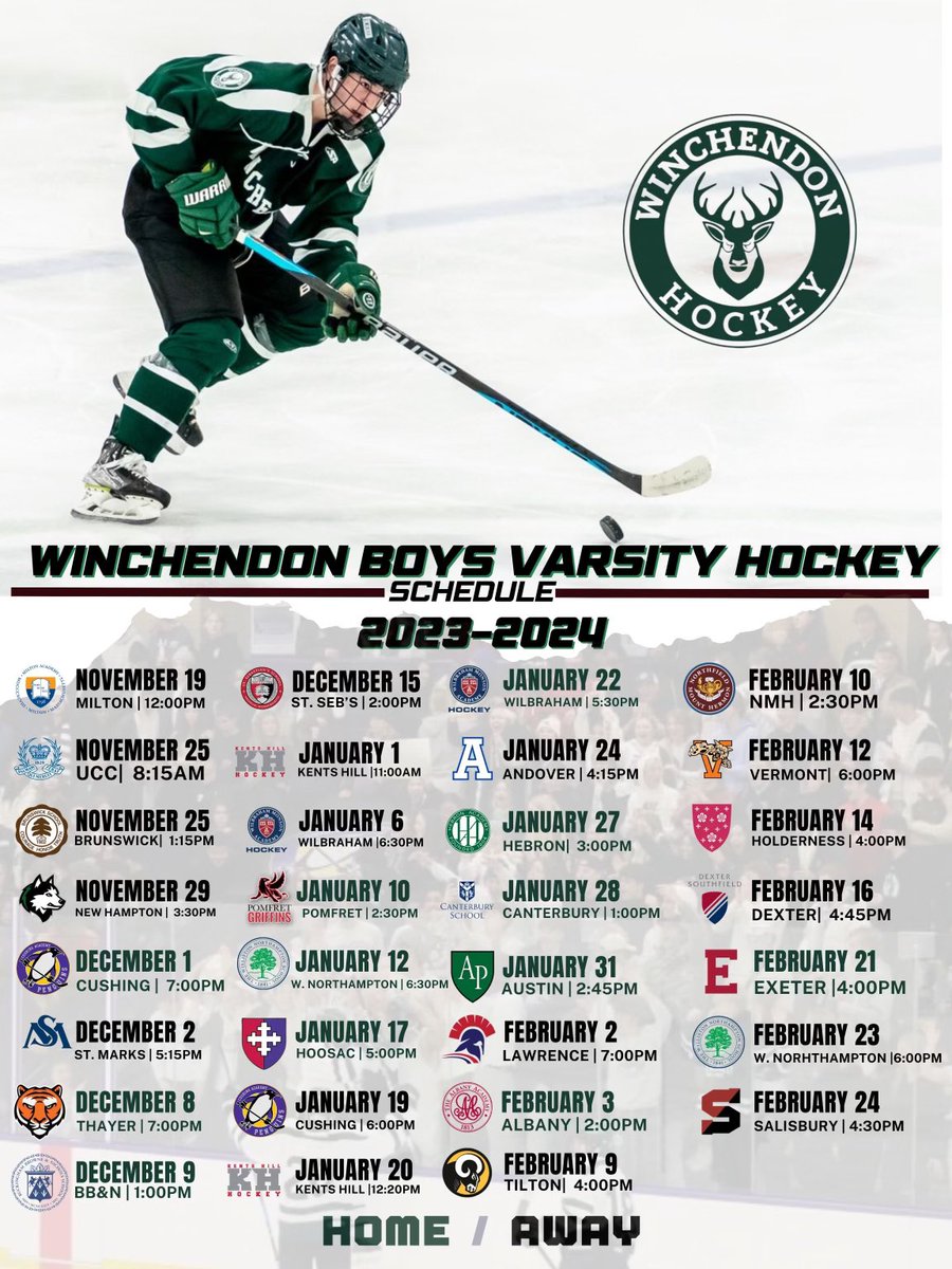 Boys Varsity Schedule for the 23/24 season! 2 games at Belmont Hill Jamboree tomorrow vs Upper Canada College &amp; Brunswick School. #winch @WinchendonA <a href="/NZPrepHockey/">NZPrepHockey</a> <a href="/USHRhockey/">USHR</a>