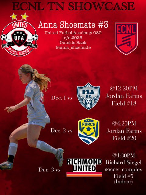 anna_shoemate's tweet photo. 🚨ECNL TENNESSEE SCHEDULE BELOW🚨 

First showcase of the season! Would love to have you come watch my team and I!!

@ECNLSoutheast @ImYouthSoccer @UnitedFA_ECNL @ECNLgirls @UFA08G_ECNL @USYNT @ImCollegeSoccer @TopDrawerSoccer @PrepSoccer https://t.co/y9a5c67uJw