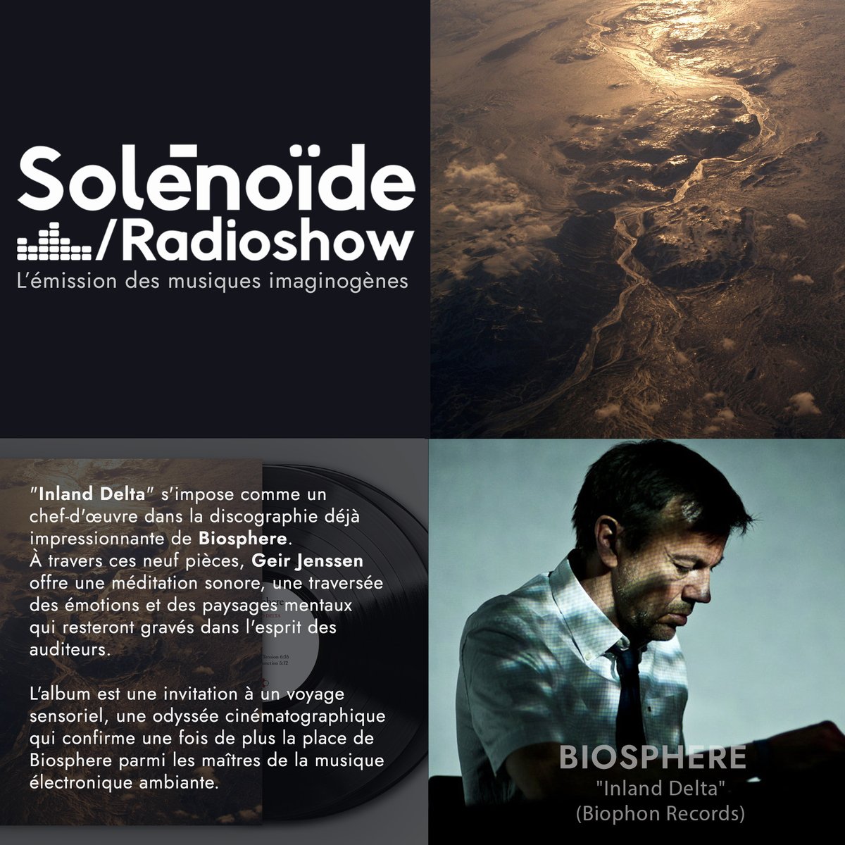 New review on solenopole.blogspot.com/2023/11/chroni… about "Inland Delta" from Biosphere (Geir Jenssen) - Coming soon in Solénoïde Radioshow, broadcasted on 30 radio stations/50 FM-DAB antennas! #review #chronique #electronic #Ambient #tromso #biosphere #geirjenssen #biophon #radioshow #dieppe