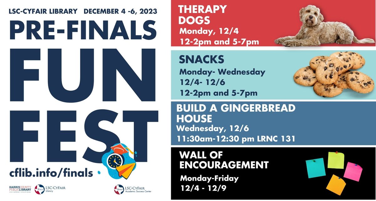 Join us to celebrate our Pre-Finals Fun Fest! We have therapy dog visits, snacks, DIY Gingerbread houses and more! Starts Dec. 4th and end December 6th! For more, please go to cflib.info/finals! #prefinalsfunfest
