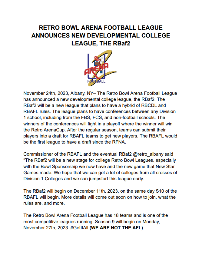 RBMAFL's tweet image. The RBAFL has announced a new college developmental league, the RBaf2. More details to come soon. 

Read the press release below: 
#GetItAll (WE ARE NOT THE AFL)