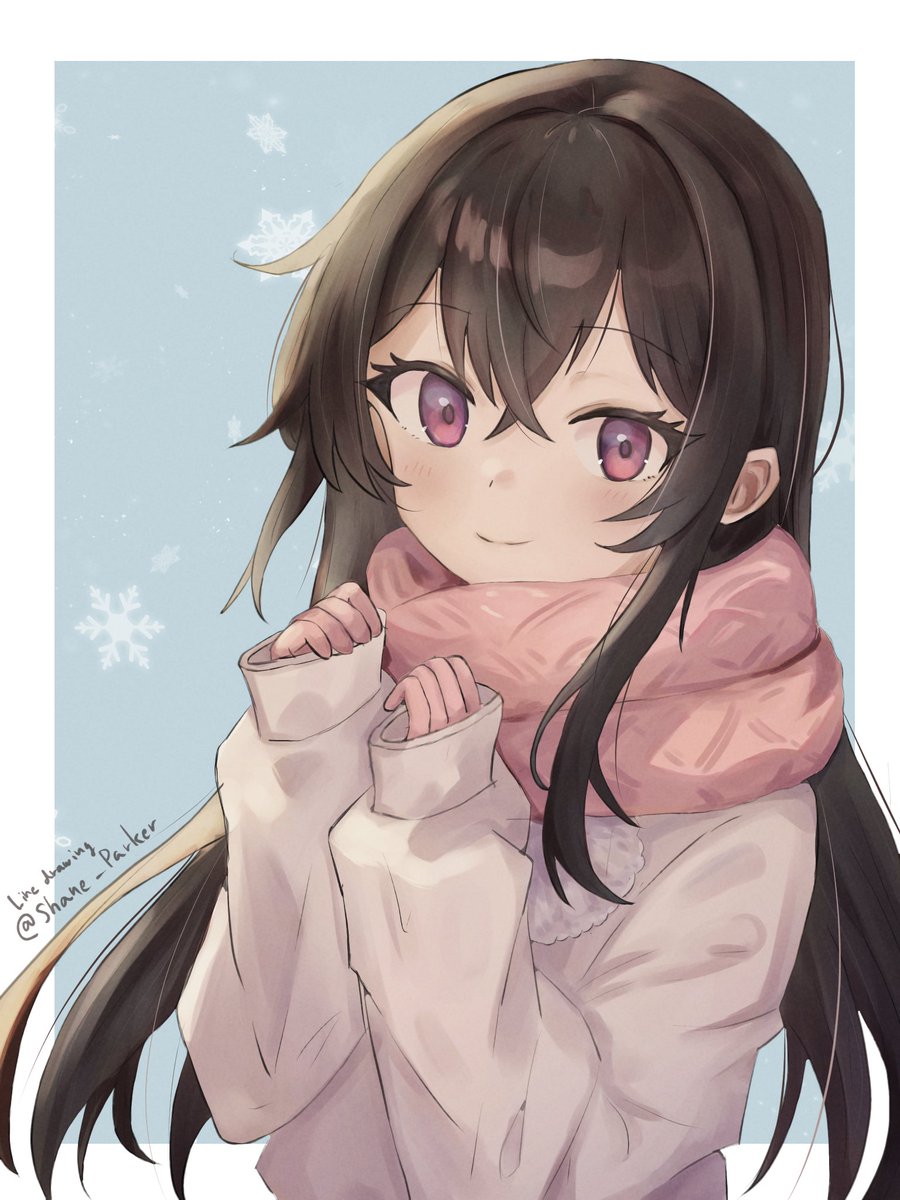 1girl pink scarf long hair solo scarf smile looking at viewer  illustration images
