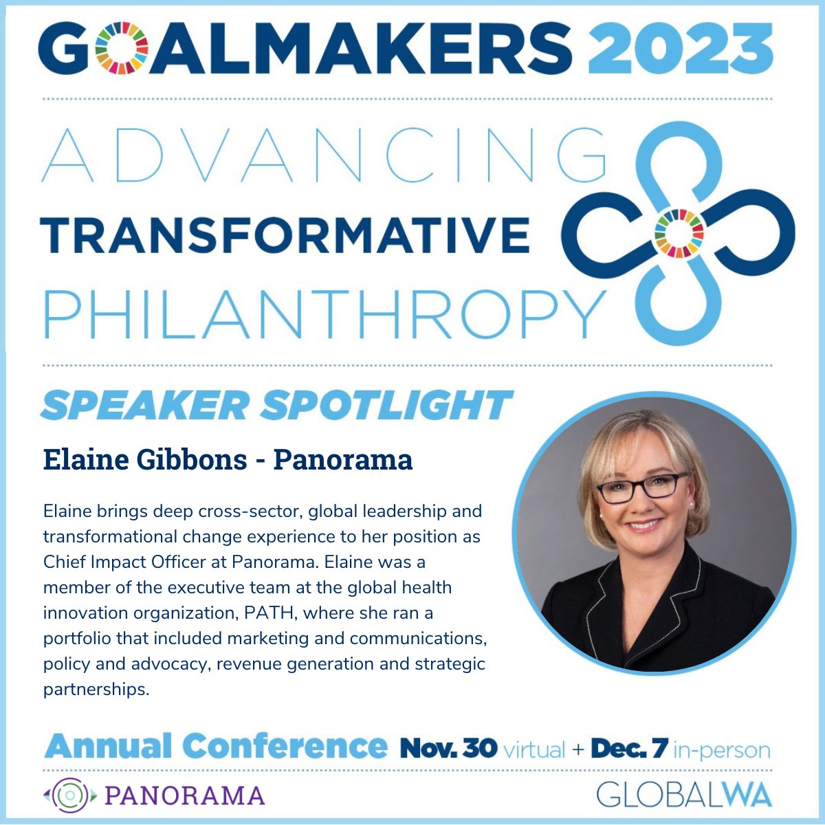 Leading up to our panel event at #Goalmakers2023, 'Transforming Impact Philanthropy,' we'll be introducing our speakers, beginning with Elaine L. Gibbons, Chief Impact Officer at Panorama. 

Register for the conference here: bit.ly/3sAXJTb @GlobalWA