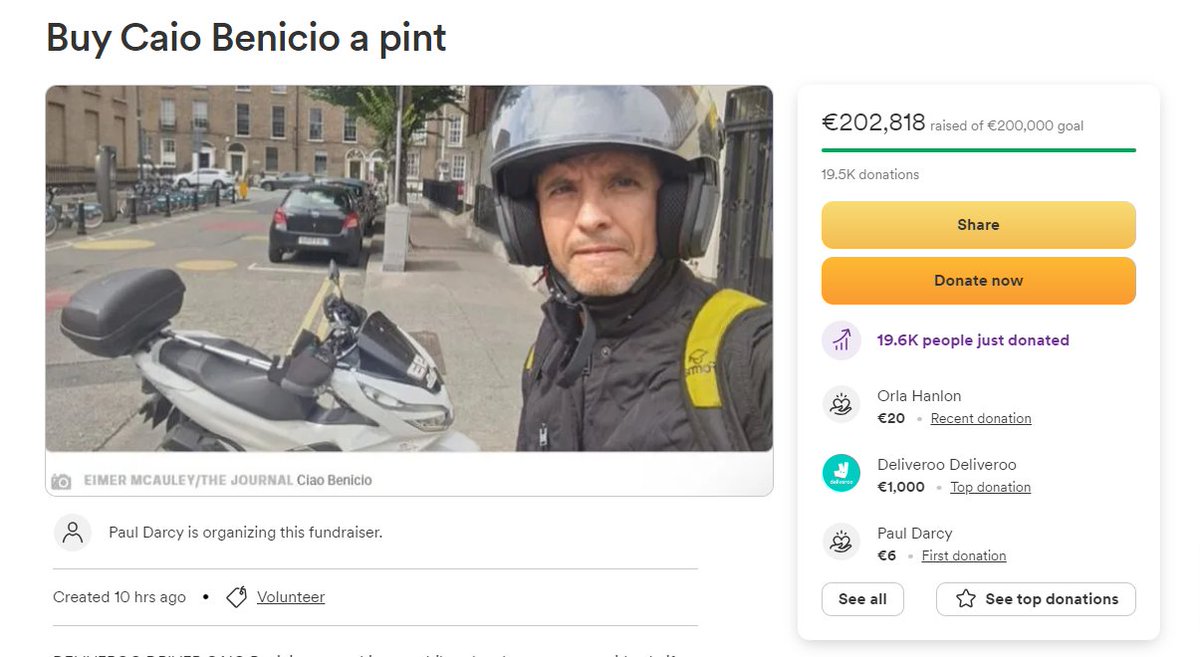 Barry Malone (@malonebarry) on Twitter photo A fundraiser for Caio Benicio, the Brazilian Deliveroo driver who subdued a man who stabbed three children in Dublin yesterday, has so far raised €203,000. It's called "Buy Caio Benicio a pint." That's a lot of pints...💕 A fundraiser for Caio Benicio, the Brazilian Deliveroo driver who subdued a man who stabbed three children in Dublin yesterday, has so far raised €203,000. It's called "Buy Caio Benicio a pint." That's a lot of pints...💕