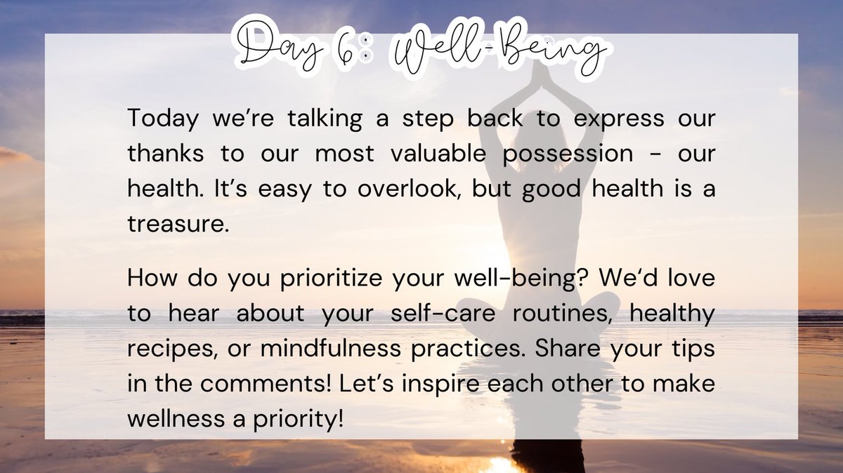 COOP_ThereItIs's tweet image. Day 6 - Cherishing our health and well-being 💪✨ Share your self-care routines, nutritious recipes, and mindfulness tips below! Let's motivate each other to prioritize wellness 🌟

#7DaysOfThanks #COOP_ThereItIs #PeopleOpsATT #LifeAtATT