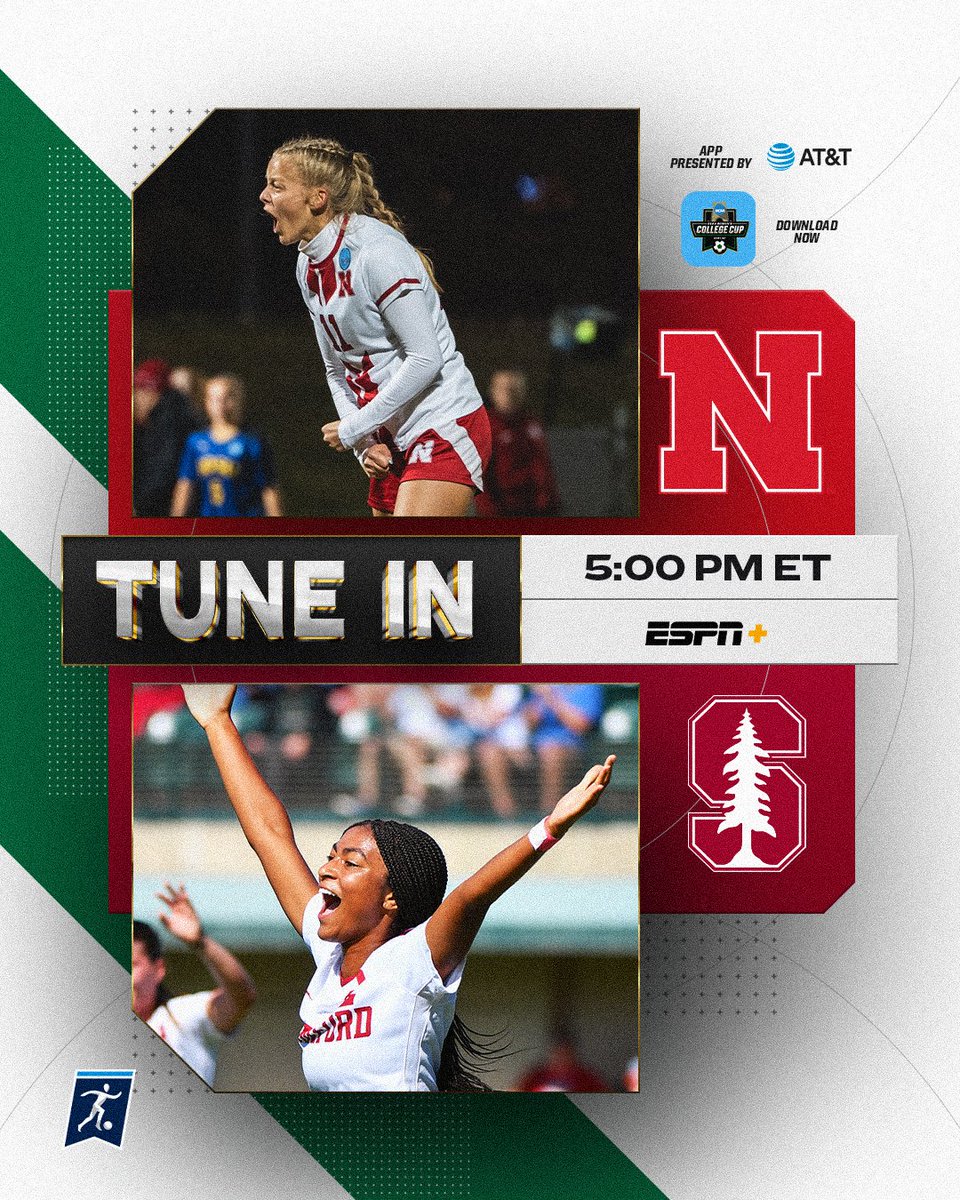 NCAA Soccer (@ncaasoccer) on Twitter photo ⚽️ 𝐐𝐔𝐀𝐑𝐓𝐄𝐑𝐅𝐈𝐍𝐀𝐋 ⚽️
(5) <a href="/HuskerSoccer/">Nebraska Soccer</a>
🆚
(2) <a href="/StanfordWSoccer/">Stanford Women's Soccer</a>
⏰ 5 PM ET
💻 ESPN+
📲 on.ncaa.com/WCollegeCup
#NCAASoccer ⚽️ 𝐐𝐔𝐀𝐑𝐓𝐄𝐑𝐅𝐈𝐍𝐀𝐋 ⚽️
(5) <a href="/HuskerSoccer/">Nebraska Soccer</a>
🆚
(2) <a href="/StanfordWSoccer/">Stanford Women's Soccer</a>
⏰ 5 PM ET
💻 ESPN+
📲 on.ncaa.com/WCollegeCup
#NCAASoccer