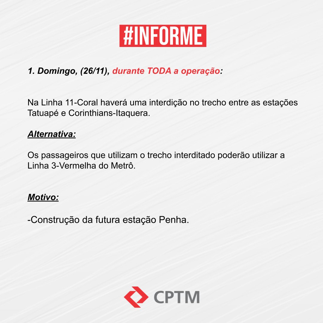 CPTM_oficial's tweet photo. #InformeCPTM - CPTM terá alteração na operação do serviço 710 e da Linha 11-Coral neste fim de semana (25 e 26).
Link: https://t.co/Gcwb7qQatO https://t.co/7eanARUtfT