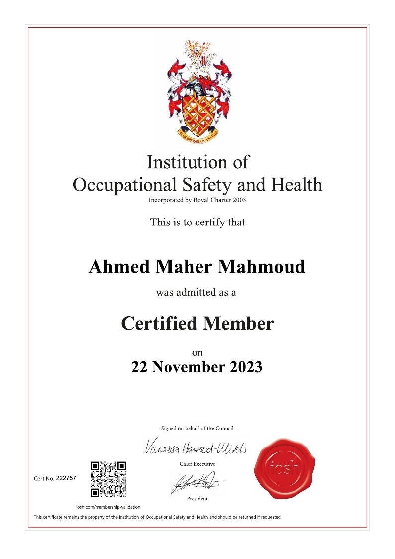 AhmedMaherHSE's tweet photo. I am excited to share that my membership status with #IOSH has advanced from Graduate Member (#GradIOSH) to Certified Member (#CertIOSH).
@IOSH_tweets https://t.co/87H7W9Qdfr