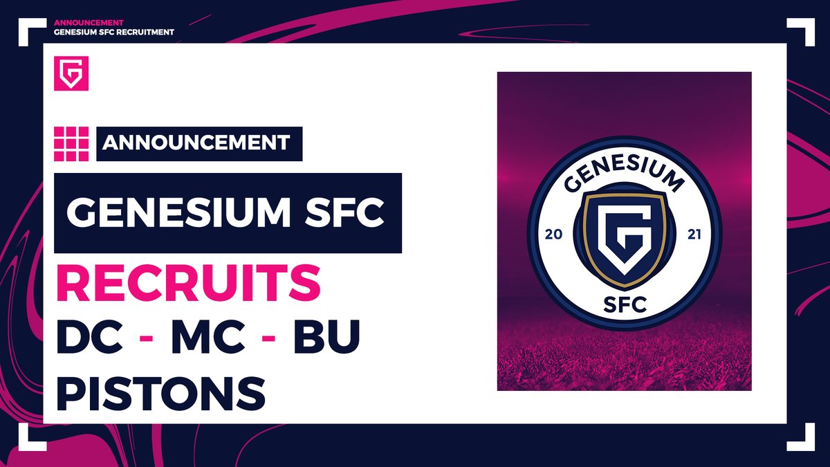 🔎 <a href="/GenesiumSFC/">Genesium SFC ⚽</a> recrute afin d'étoffer son effectif pour la saison dans l'objectif de rush les compétitions #EFA #VPG 🏆

🗒️ Nous recrutons :

• DC
• MC
• BU
• Pistons

📩 DM pour + d'infos.

<a href="/TeamGenesium/">Genesium 🌴</a> #WhereItBegins 👾