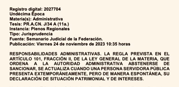 abogadomartinez's tweet photo. SCJN - Jurisprudencia de hoy.

Si como servidor público no presentas a tiempo la declaración de situación patrimonial y de intereses se considera falta no grave.

Por tanto, preséntala espontáneamente y queda subsanado. 

No hay sanción. https://t.co/eQVHysHcJF