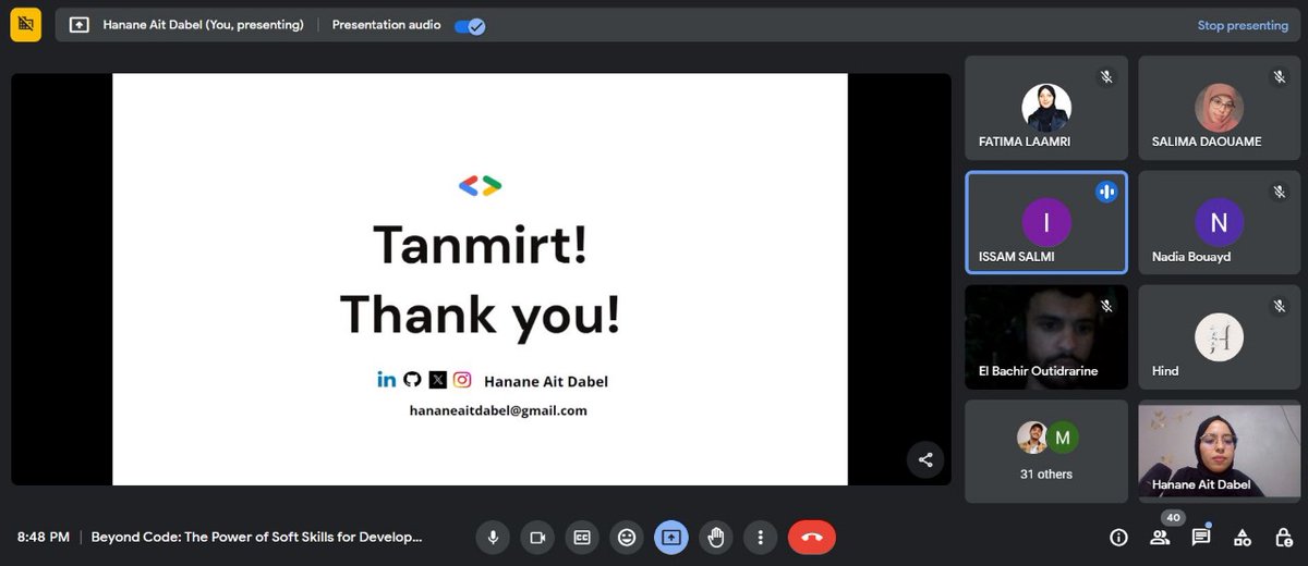 Last Monday I enjoyed delivering a talk titled "Beyond Code: The Power of Soft Skills for Developers" for GDSC ENSA Berrechid 🚀💻