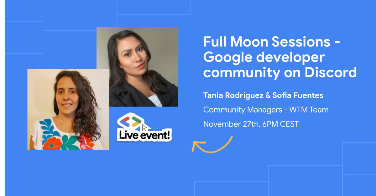 Join our 'Full Moon Sessions' series next Monday... A friendly and special place just for you!🌕✨

This month we'll have two special guests from the WTM Team: Tania Rodriguez Fuentes &amp; Ana Sofía Fuentes; and of course, games and so much fun!

➡️discord.gg/ux2EeCuSRp?eve…