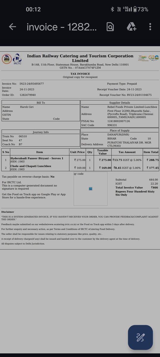 HgGIRI's tweet photo. @RailwaySeva @RailMinIndia Guess what its really scammed day by indian railways, Now tried irctc e-catering food, Food ordered from irctc app #lunchbox #fassos vendor, food shows delivered and never reached me... Really Salute to service provided by @RailwaySeva @RailMinIndia https://t.co/cZjl4cnhsK