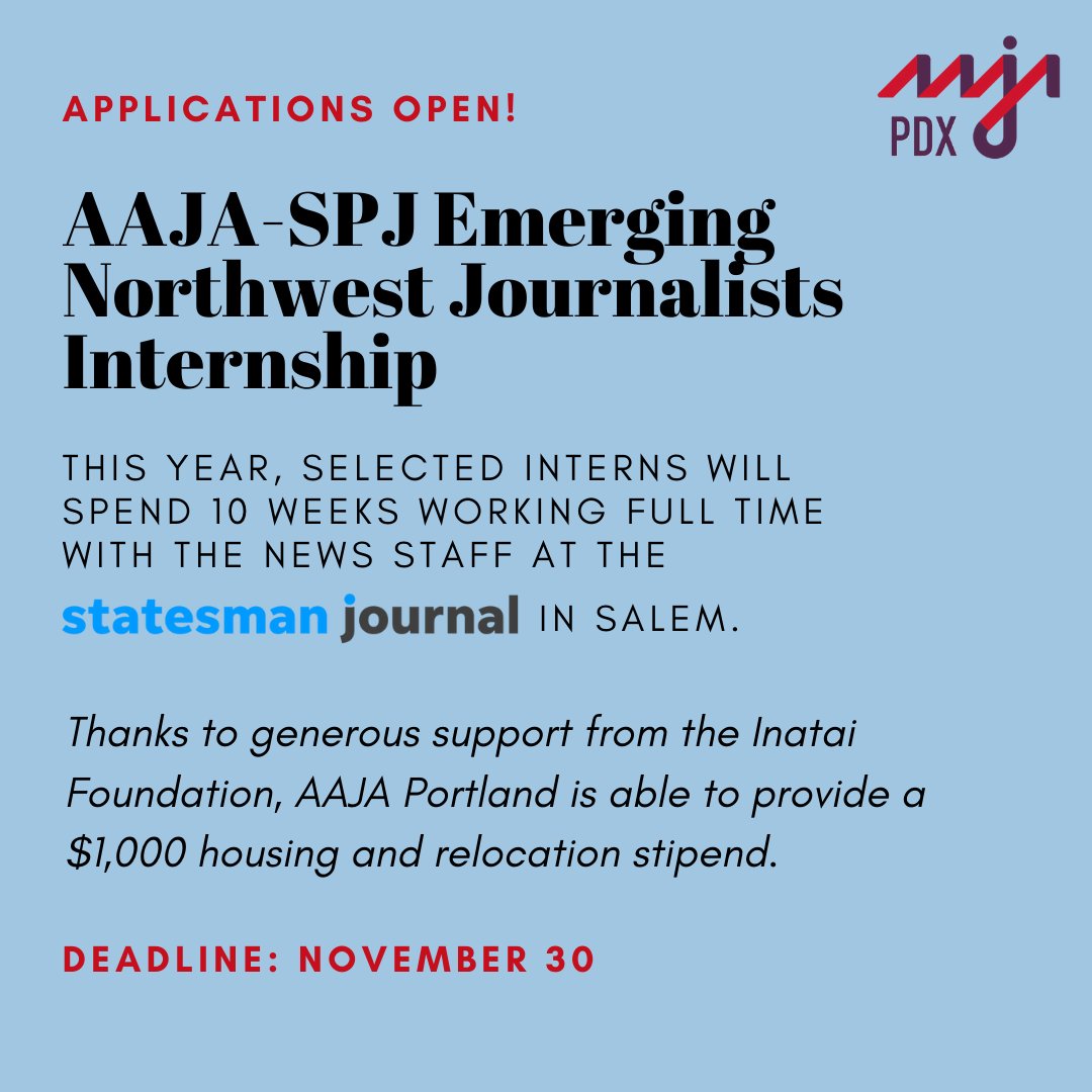 REMINDER: Applications for the AAJA-SPJ Emerging Northwest Journalists Internship are open!

Exciting news -- thanks to generous support from the Inatai Foundation, AAJA PDX will provide a $1,000 housing and relocation stipend.

Learn more and apply here: aaja-pdx.org/internship/