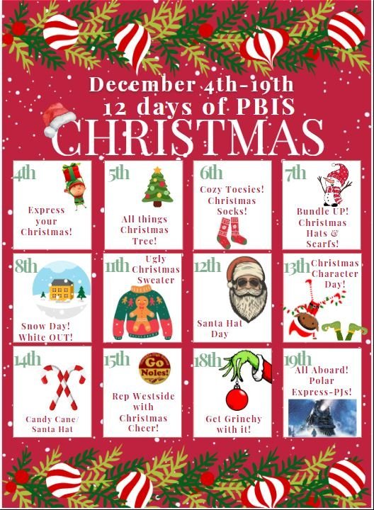 WHS_Seminoles's tweet photo. Seminoles we are looking forward to your return from Thanksgiving Break! We are excited to announce the DECA Spirit Week Nov 27th - Dec 1st followed by the 12 Days of PBIS Christmas beginning December 4th!
#Built4Bibb #WestsideWinning #DECASpiritWeek #12DaysOfPBISChristmas https://t.co/zI4v4aAe78