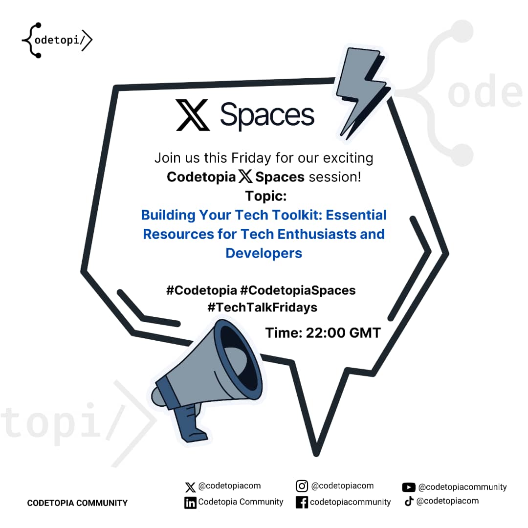 codetopiacom's tweet image. Join the conversation on "Building Your Tech Toolkit: Essential Resources for Tech Enthusiasts and Developers.
📆 Date: November 24th, 2023
🕒 Time: 22:00 GMT
#Codetopia #CodetopiaSpaces #TechToolkit #DeveloperResources #ProgrammingJourney #BeyondTutorials #OpenSource #TechTalk