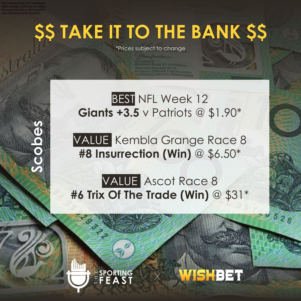 SportingFeast's tweet photo. It's the final Take It To The Bank tips for 2023. Kingy has a commanding lead but if Scobes goes down, he will go down swinging! 🏇 🏈 ⚽ 

Good luck and #Stayhungry

What is gambling really costing you?
#horseracing #sports #multi #takeittothebank #letsgo #Kemblagrange #ascot https://t.co/kjYVlFK2Fw