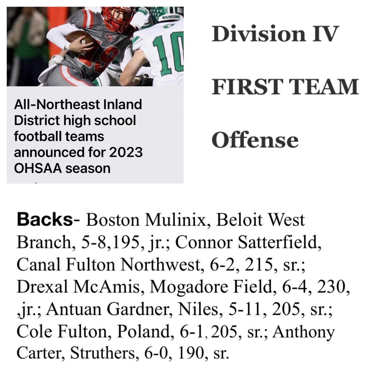 First Team All Northeast Ohio Runningback