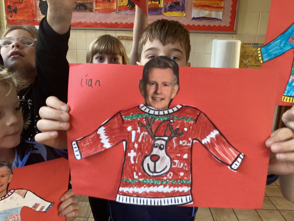 CurracloeS's tweet photo. Hi @PatricKielty. We designed you some new Christmas jumpers!! Hope you like them and good luck tonight. We can’t wait!!! From first and second class. @rte @RTELateLateShow https://t.co/ZOGQH4baR3