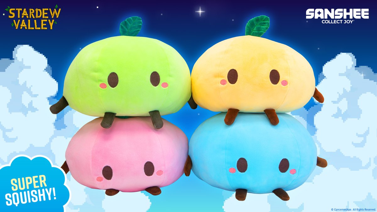 TeamSanshee's tweet image. It’s harvest time in Pelican Town! 🍏✨ Where are you supposed to rest your head while you’re enjoying all the fruits of your labor? Why on our Official #StardewValley Junimo Pillow Plush of course!