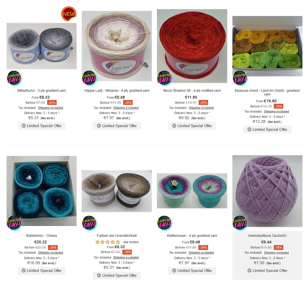 ladydee_yarn's tweet photo. Our weekend offer 24.11 - 26.11.2023 🍀

english
https://t.co/c64a7Yg4Hv
deutsch
https://t.co/QbIDdTyRi5
français
https://t.co/9wgLYcJeBo
русский
https://t.co/9Nw4ci7lLp

#gradientyarn #yarnshop #crochet #ladydeeyarn #traumgarne #yarn #yarnlove #knitting #häkeln #stricken https://t.co/rhXkaq8mPN