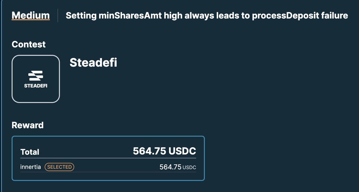 Medium SOLO finding was accepted in <a href="/CodeHawks/">Cyfrin CodeHawks</a>  @steadefi  contest.
I am proud to be the sole finder of this issue in a field of many high level auditors.
However, there are many things to reflect on and I will continue to improve.