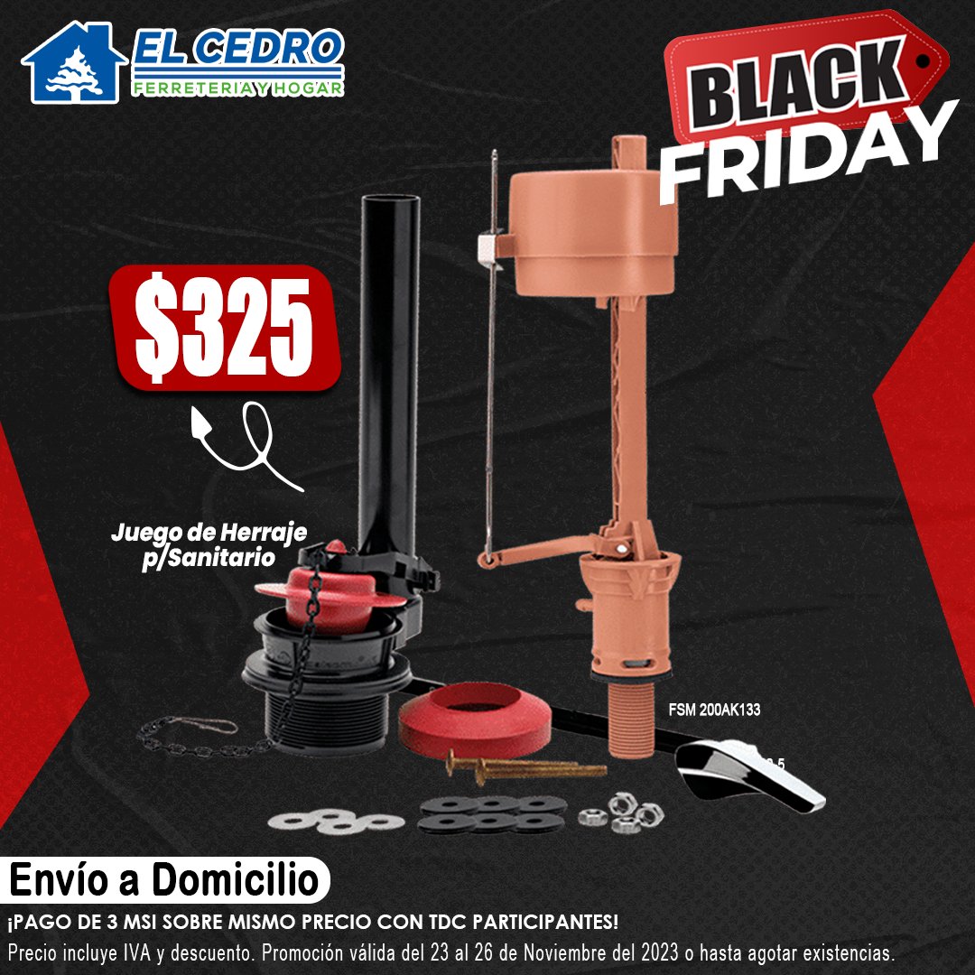 CedroFerreteria's tweet image. ¡Regresan al Cedro🌲 los Super Precios por Black Friday📅!

📆 Juego de herrajes #Fluidmaster / $325

⚠️ Precio incluye IVA y descuento.
⚠️ Promoción del 23 al 26 de noviembre del 2023 o agotar existencias.

#CdVictoria #CiudadVictoria #Tamaulipas