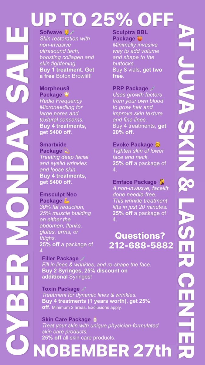 Don’t miss our BIGGEST CYBER MONDAY SALE!! Up to 25% off these cosmetic treatments packages &amp; skincare products package!! Call us on Monday 11/27 to seal your deal, and enjoy stellar savings!! Tell us you saw this post on X.