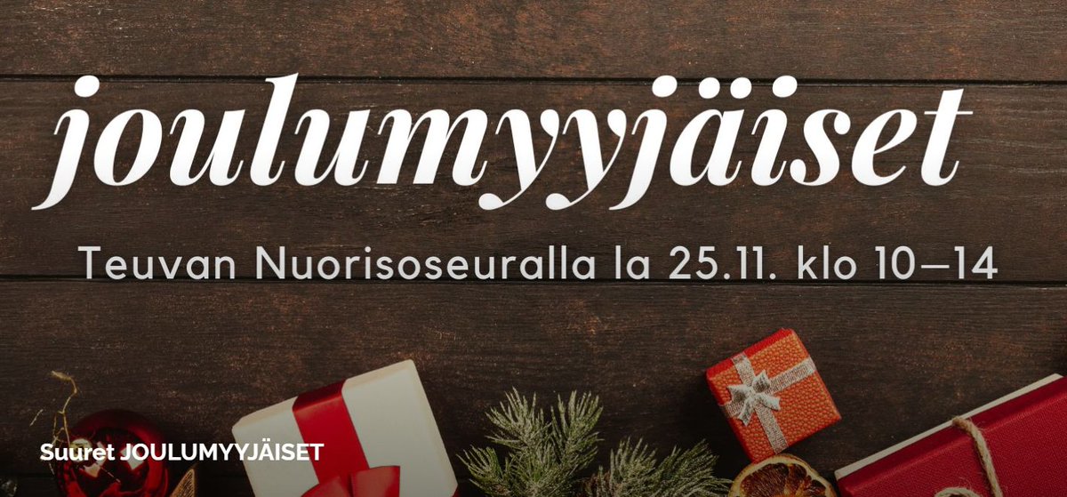Perinteiset joulumyyjäiset Teuvan nuorisoseuralla lauantaina 25.11. klo 10-14. Järj. Teuvan Nuorisoseura ry.
Myyntipöydistä löytyy käsitöitä, leivonnaisia, koristeita ja paljon muuta!
Myynnissä myös Teuvan Joulu -lehden vanhoja numeroita.
Tervetuloa!
#teuvallatapahtuu