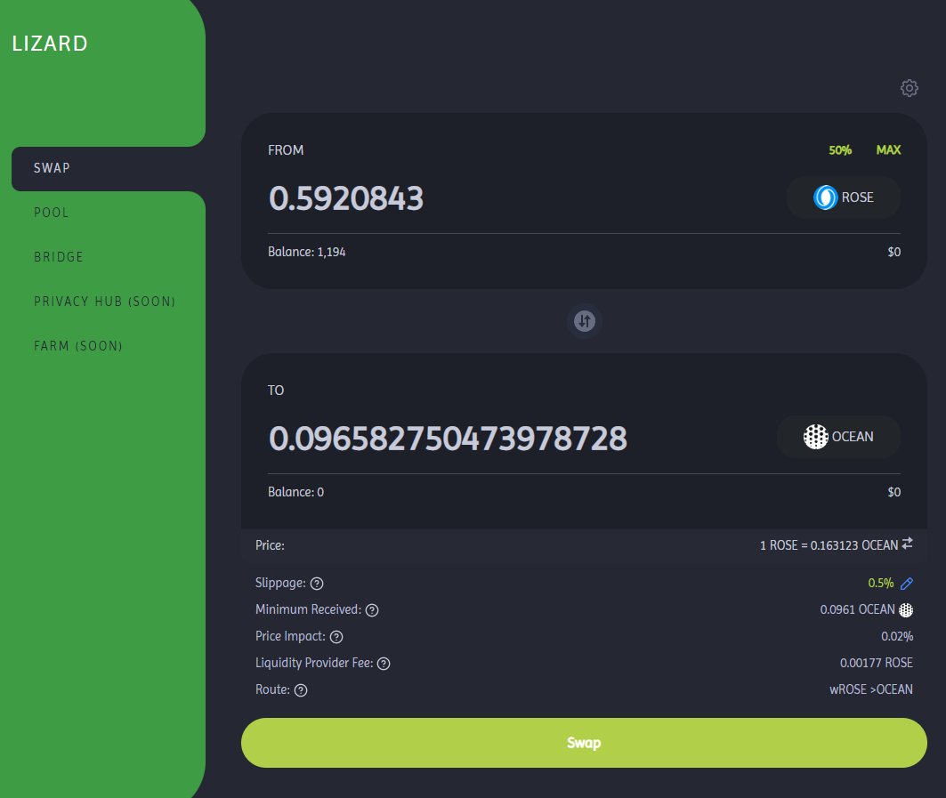 John5 Cripto (@johnn5c) on Twitter photo En realidad ya hay un DEX activo en <a href="/OasisProtocol/">Oasis</a> dentro de Sapphire en Mainnet.
Por lo que he podido ver, se pueden hacer swaps entre $ROSE y $OCEAN de <a href="/oceanprotocol/">Ocean Protocol</a> y tambiΓ©n wraps a $WROSE.
Hablo de <a href="/LizardExchange/">Lizard π¦</a> En realidad ya hay un DEX activo en <a href="/OasisProtocol/">Oasis</a> dentro de Sapphire en Mainnet.
Por lo que he podido ver, se pueden hacer swaps entre $ROSE y $OCEAN de <a href="/oceanprotocol/">Ocean Protocol</a> y tambiΓ©n wraps a $WROSE.
Hablo de <a href="/LizardExchange/">Lizard π¦</a>