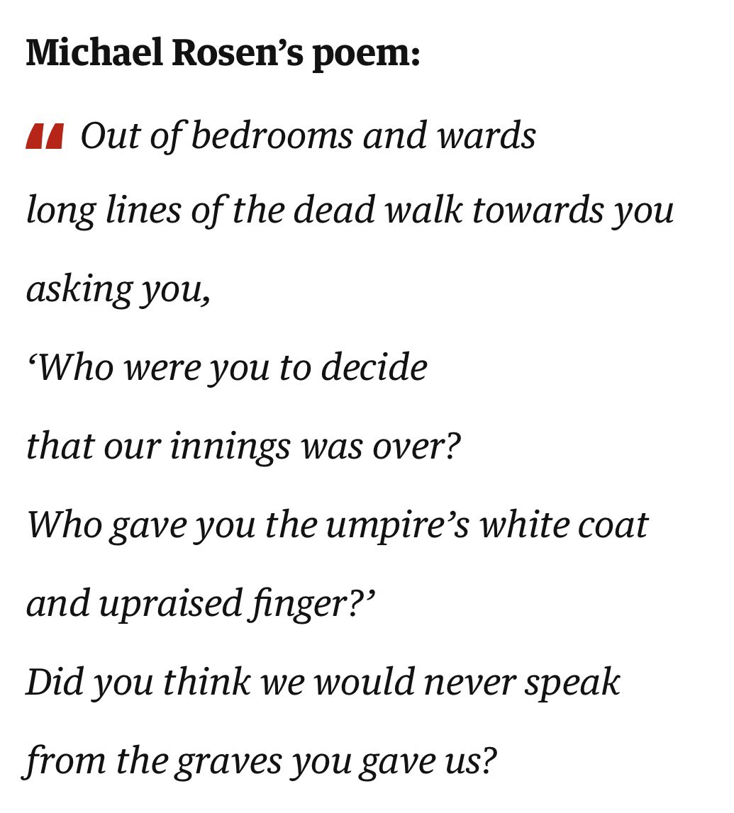“Johnson treated us as unwanted surplus.”

The great <a href="/MichaelRosenYes/">Michael Rosen 💙💙🎓🎓 NICE 爷爷</a> - who spent 48 days in ICU with Covid - responds in blistering verse to @borisjohnson’s unforgivably callous attitude to letting the vulnerable die.

theguardian.com/uk-news/2023/n…