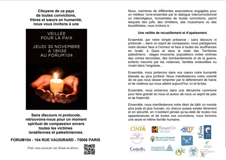 GIP78_'s tweet photo. 🕯️#VEILLEE POUR LA #PAIX en #compassion pour toutes les victimes israéliennes et palestiniennes
jeudi #30novembre 18h30
au #Forum104 104 rue Vaugirard Paris
@GIP78_ partenaire avec #CINPA #AJMF #AJCF=@amijuifchretien @Gaic_Seric @CoexisterParis
@Hermeneo1 @EfesiaE @FocolariFrance https://t.co/XoBKX2HzeD