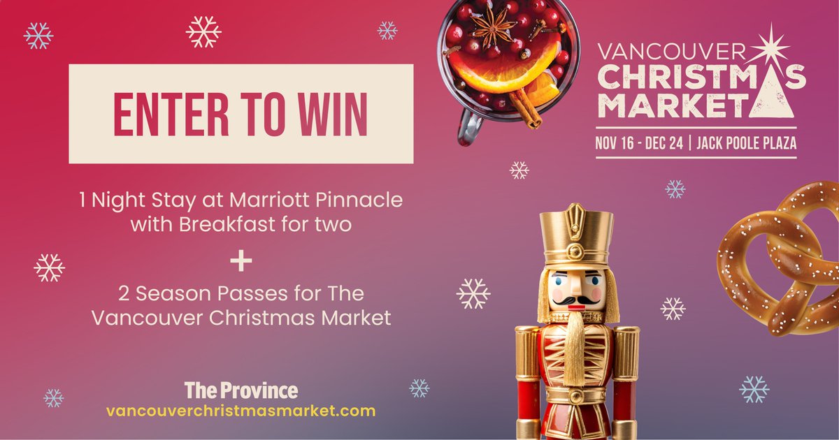ProvinceContest's tweet photo. CONTEST! Enter for your chance to WIN a Vancouver Christmas Market VIP package! Enter at: https://t.co/6AgksNMjJx https://t.co/Bg3JZ5kurK