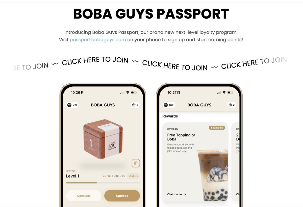 🧋Big Boba Friday has arrived!🧋

Today, Boba Guys rolls out their passport loyalty program built on Solana across all locations in NYC, SF, and LA!

Learn more: bobaguys.com/passport