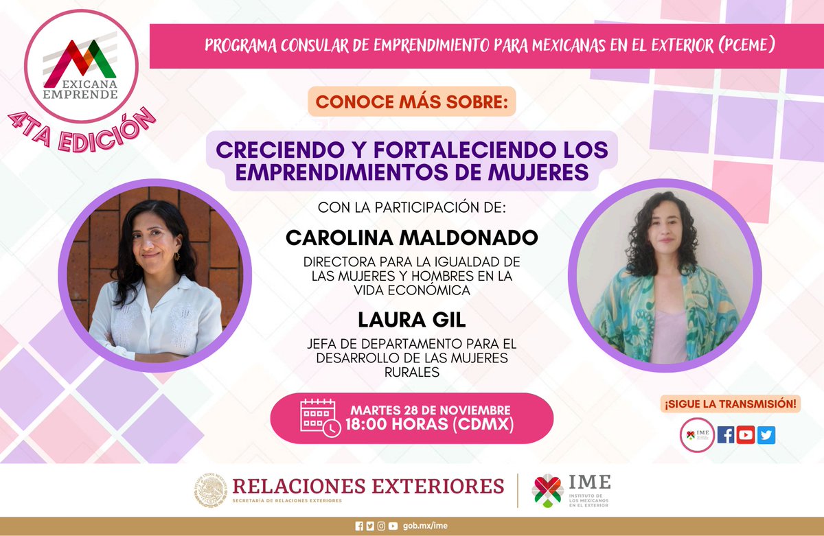 IME_SRE's tweet photo. Emprendedora en el exterior, esto te interesa; acompáñanos el  martes 28 de noviembre a una sesión informativa para que descubras estrategias clave y recursos para impulsar tu camino emprendedor. ✨
⏰ 6:00 p.m. CDMX
@SRE_mx @inmujeres https://t.co/1Y8j1Mcpiz