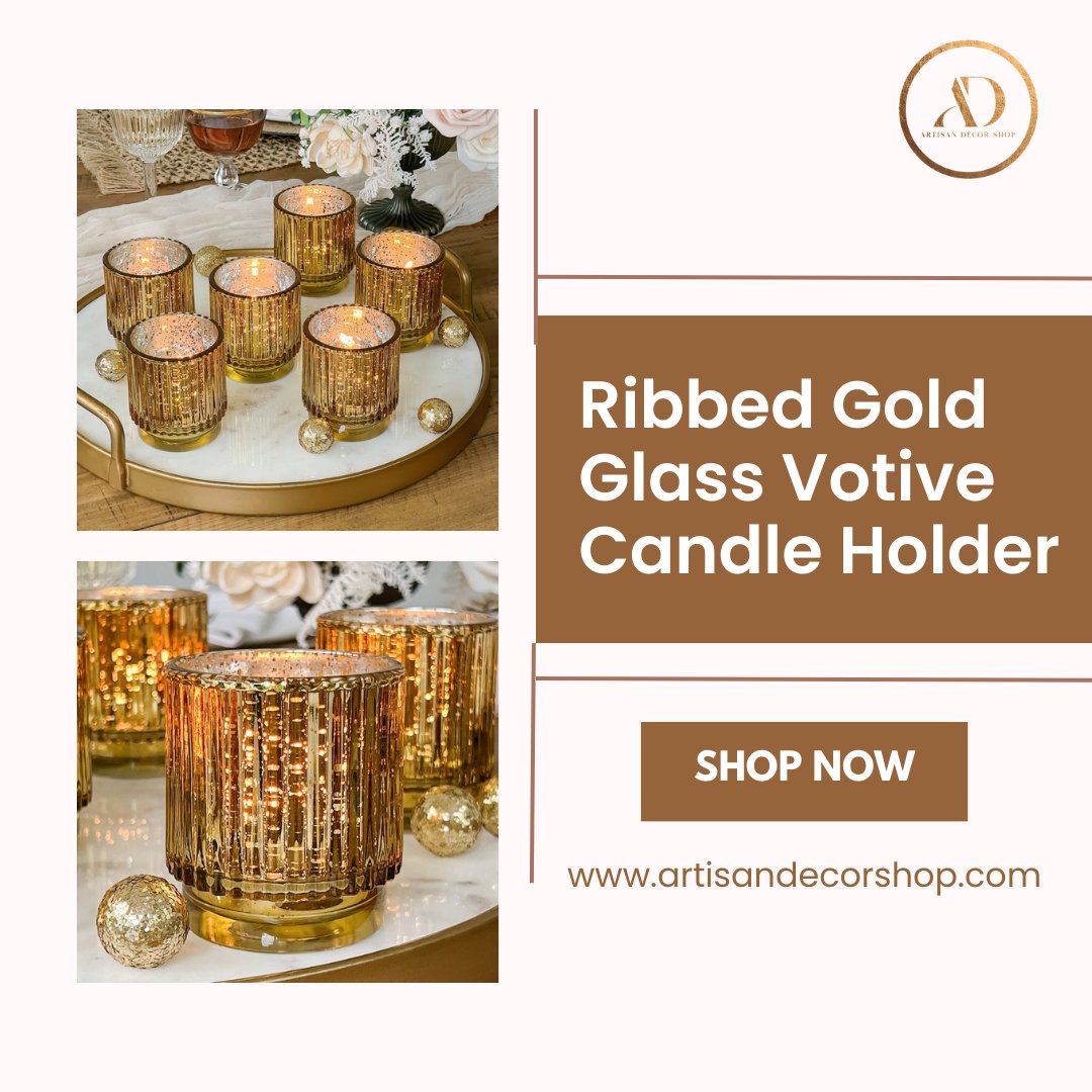 Illuminate your space with elegance! ✨ Our Ribbed Gold Glass Votive Candle Holder adds a touch of sophistication to any setting. 🕯️✨ #GoldenGlow #CandleHolder #ElegantDecor #HomeAmbiance #LightingEssentials #ChicDesign #TableCenterpiece #InteriorInspiration #GlassDecor 🏡✨