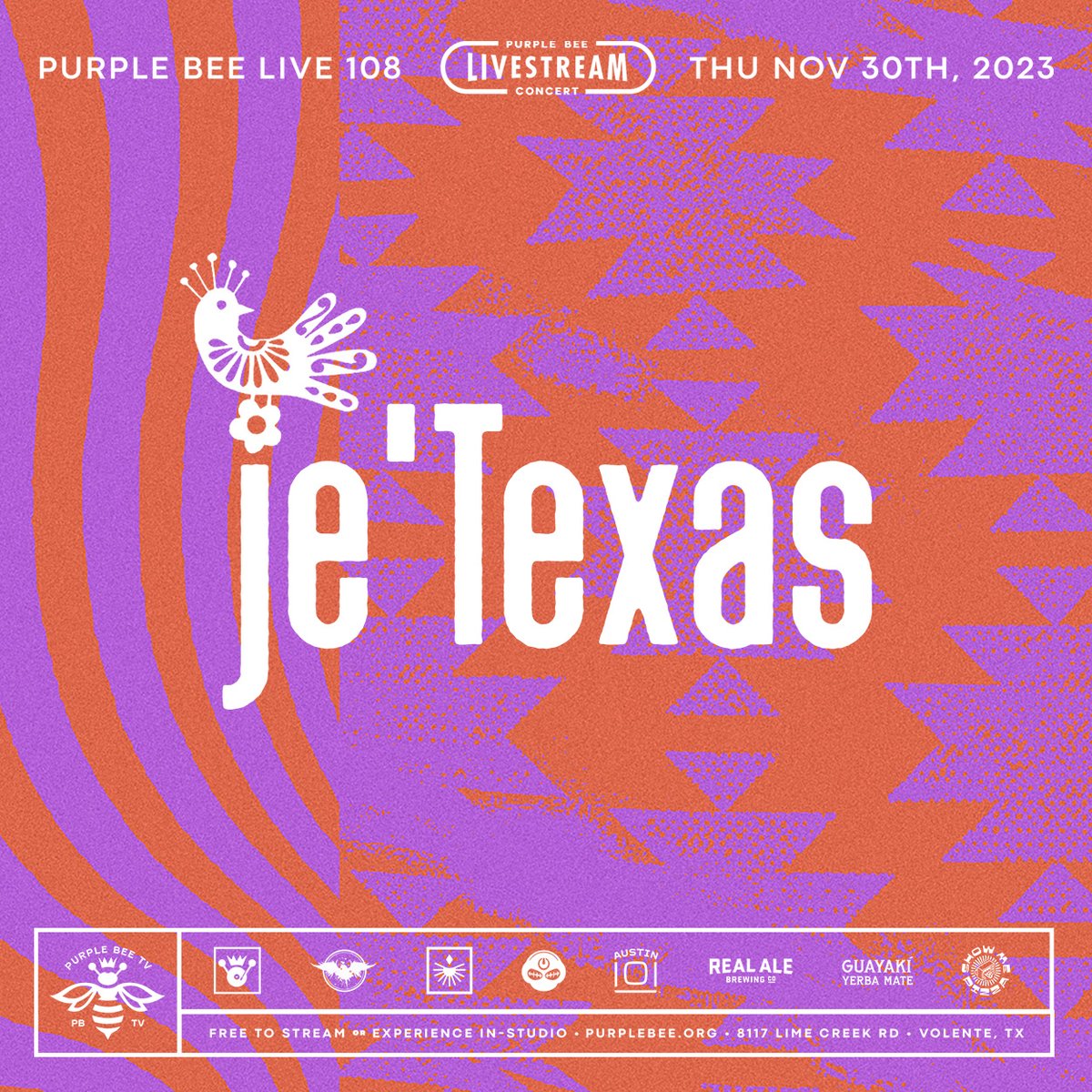 Next Thurs: a livestream concert with je'Texas for episode 108 of our flagship series, Purple Bee Live. 

Join us in-person, at our studio in Volente, TX, or catch the free livestream. ⚡️
purplebee.org/event/jetexas_…