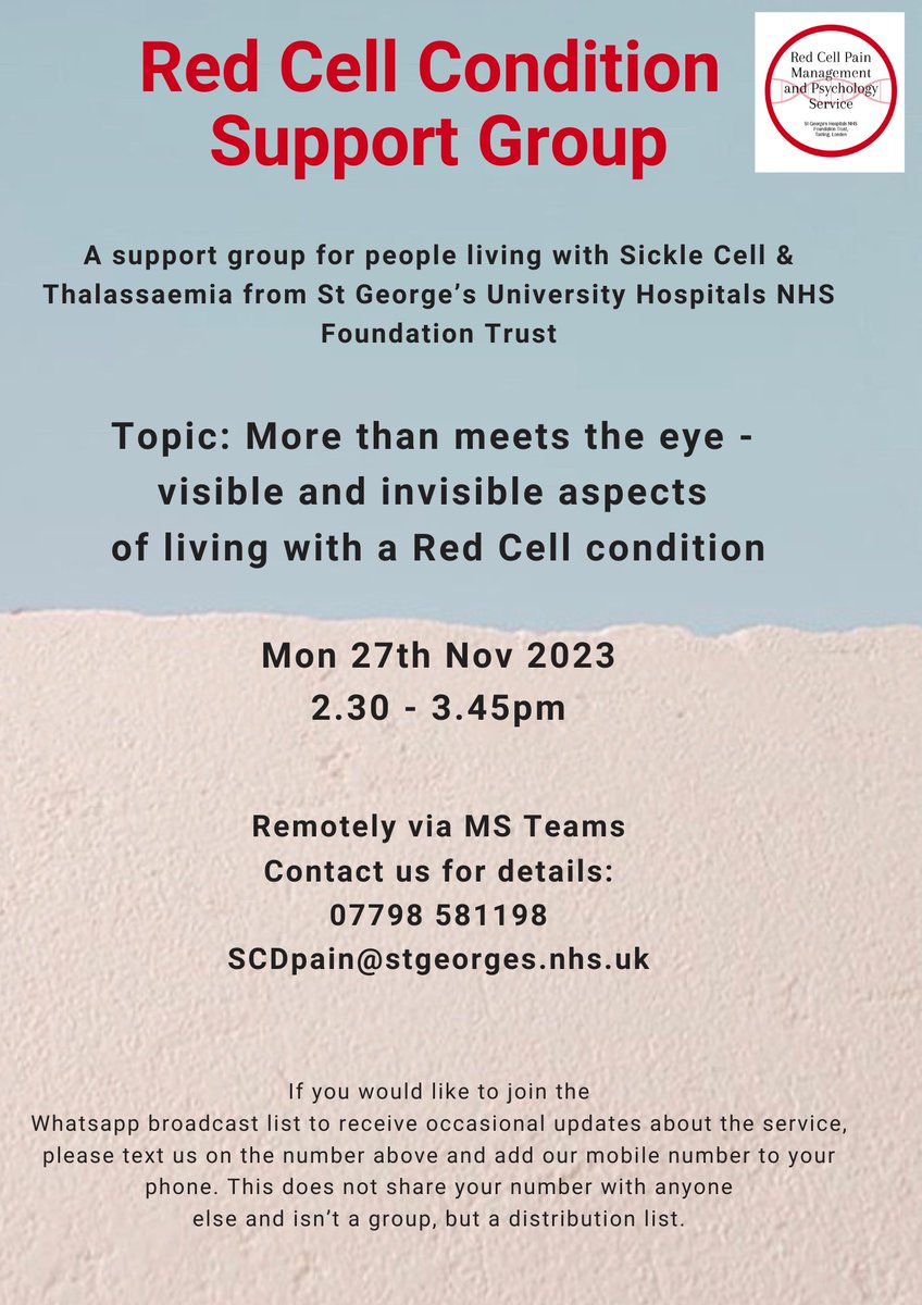 Hi everyone, our next video red cell support group session will be Mon 27th Nov 2.30 - 3.45pm. The group is a space to talk about experiences of living with #sicklecell & #thalassaemia - to share what's on your mind in a supportive space. See details below on how to join @docesr