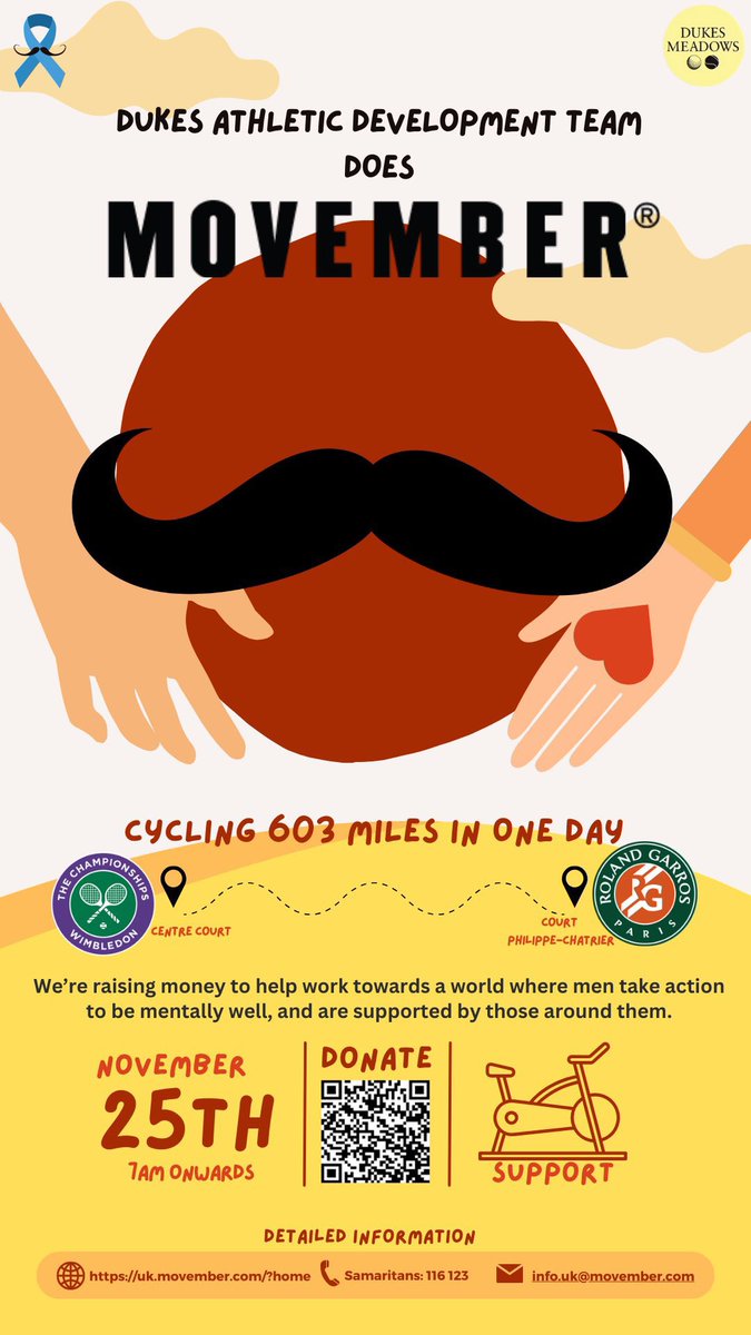 Movember Athletic Development Challenge 

Tomorrow is the day we are cycling the distance of Wimbledon to Roland Garros and back in one day (603 miles) and raising funds for mens mental health.
 
Donate via the link below 

Please RT
uk.movember.com/team/2442312?u…