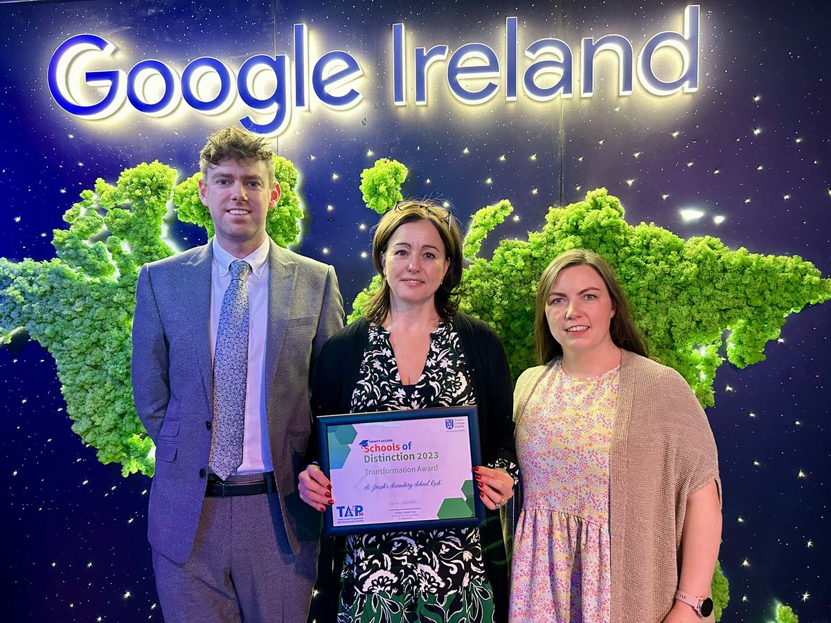 ciaranreade's tweet photo. Delighted to be over in @Google with Ms Heaney &amp; Ms O Connor at the #SchoolsOfDistinction @AccessTCD Awards tonight, where @stjosephsrush was presented with the ‘Transformation Award’, recognising the hard work of all our staff &amp; students @STJRushGuidance @tcddublin @CeistTrust https://t.co/iqxXuugTXg