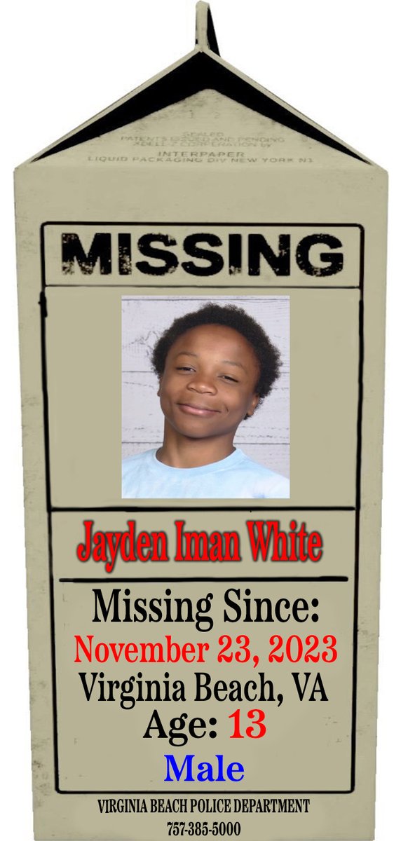 P_MilkCarton's tweet photo. 🚨🚨🚨 MISSING CHILD 🚨🚨🚨

Jayden Iman White
Age: 13
Missing Since: 11/23/23
#VirginiaBeach, #Virginia 

#ProjectMilkCarton 
#MissingChildren 
#BringThemHome https://t.co/PTPoXptRb0