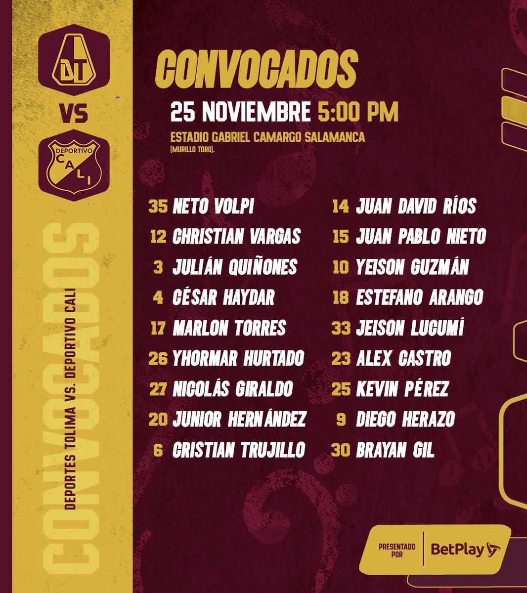 cdtolima's tweet photo. #ConvocadosDT 📋 Nuestros 18 jugadores convocados para la batalla de mañana ante @AsoDeporCali por la jornada 3 de los cuadrangulares. 

¡Vamos EQUIPO! 👊🏽 https://t.co/QaxoKTNPZy