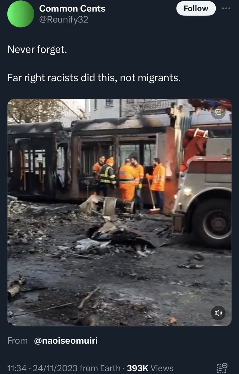 Translation: “never forget that burning down a vehicle is worse than a foreign migrant stabbing innocent children.”