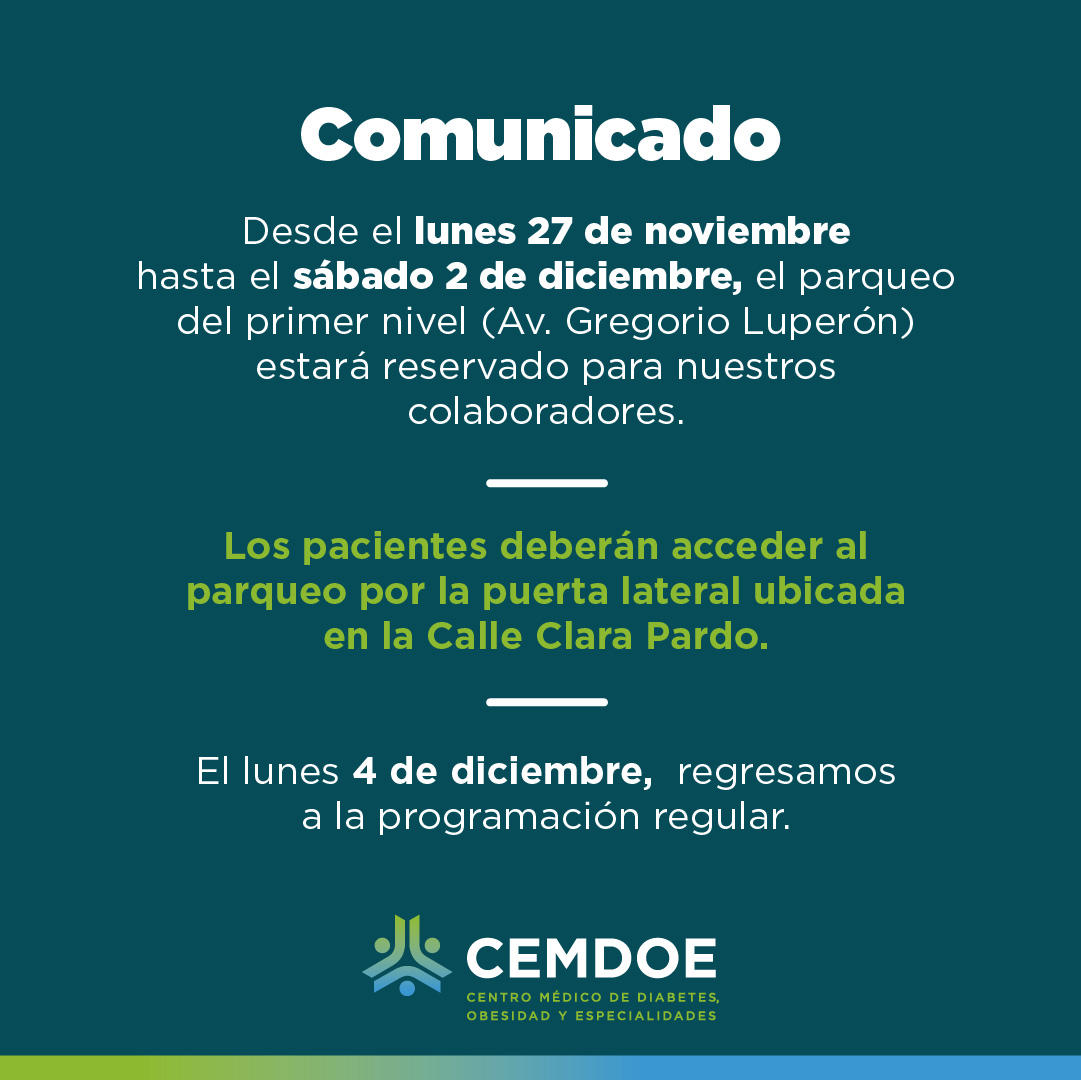 Comunicado uso de parqueo

Estimados pacientes les pedimos que por favor accedan al parqueo por la puerta lateral ubicada en la calla Clara Pardo. 

Disculpen los inconvenientes.