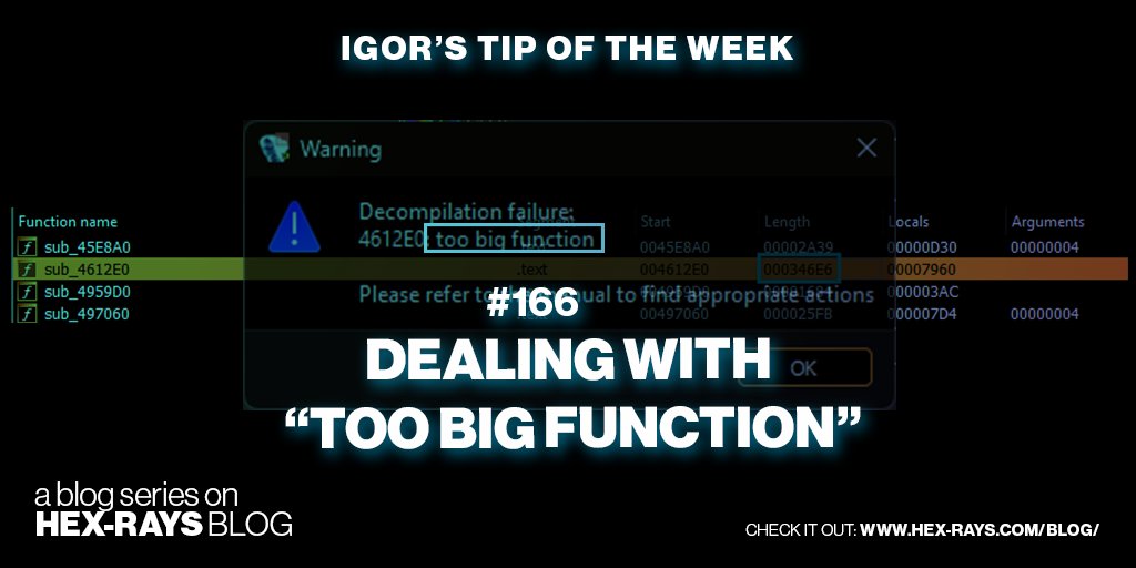 HexRaysSA's tweet image. The decompiler complains that a function is too big? Learn how to ask nicely to decompile it anyway 🌐 hex-rays.com/blog/igors-tip…

#IgorsTipOfTheWeek #IDAtips #IDAPro #decompiler