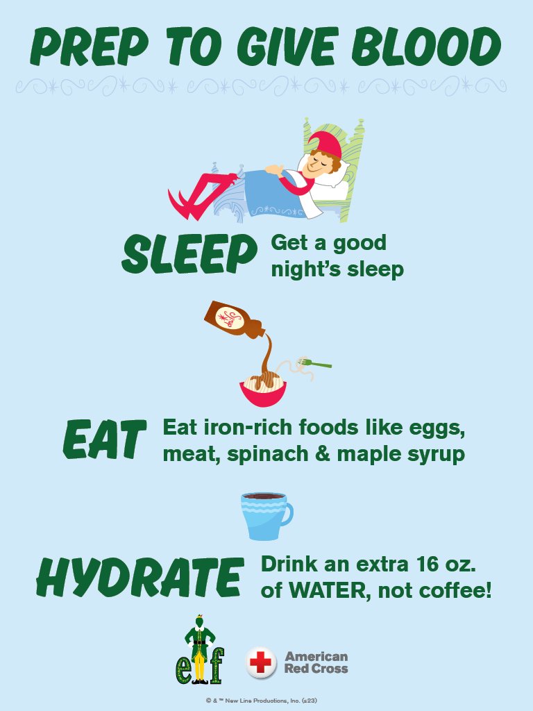 Spaghetti & maple syrup may be an elf’s meal of choice, but we'd suggest these tips for a good blood donation. We'll say thanks when you come to donate Nov. 10-30 with a pair of official Elf + Red Cross socks, while they last! Book now: rcblood.org/appt #Elf20th