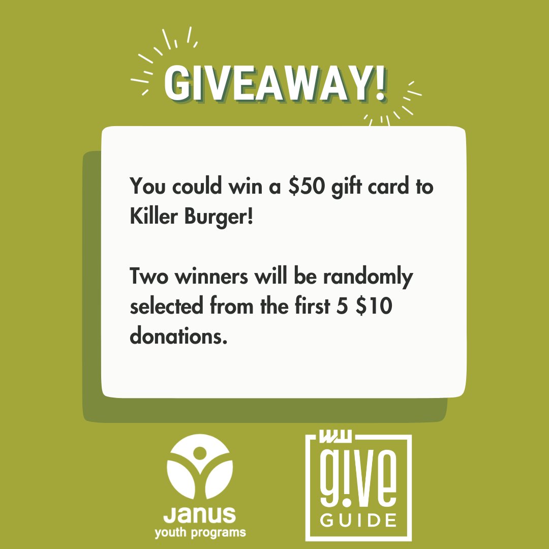 You could win a $50 Killer Burger gift card &amp; help us reach our Give!Guide goal!

Donate here to enter: giveguide.org/nonprofits/jan…