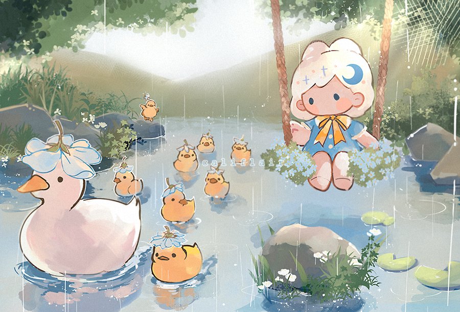 bird duck pond rain lily pad flower outdoors  illustration images